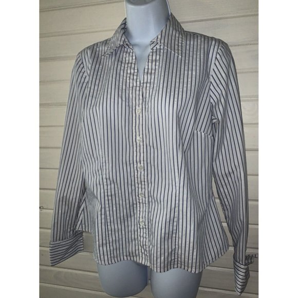 Style & Co Sz 6 White Blue Silver Striped L/S Tunic Blouse Metallic Career EUC - Picture 2 of 9